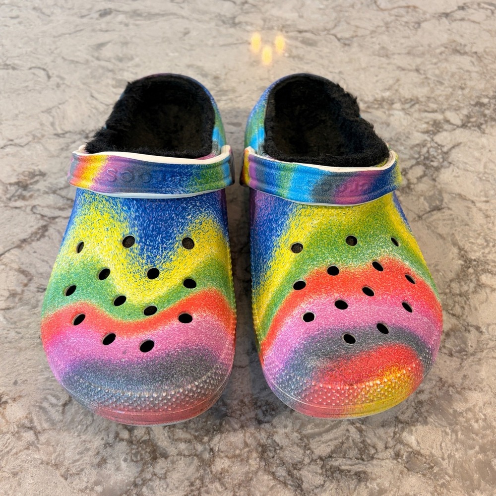 PRIDE Rainbow Crocs Spray Dye Lined Clogs UNISEX MENS 5/WOMENS 7 Festival Parade